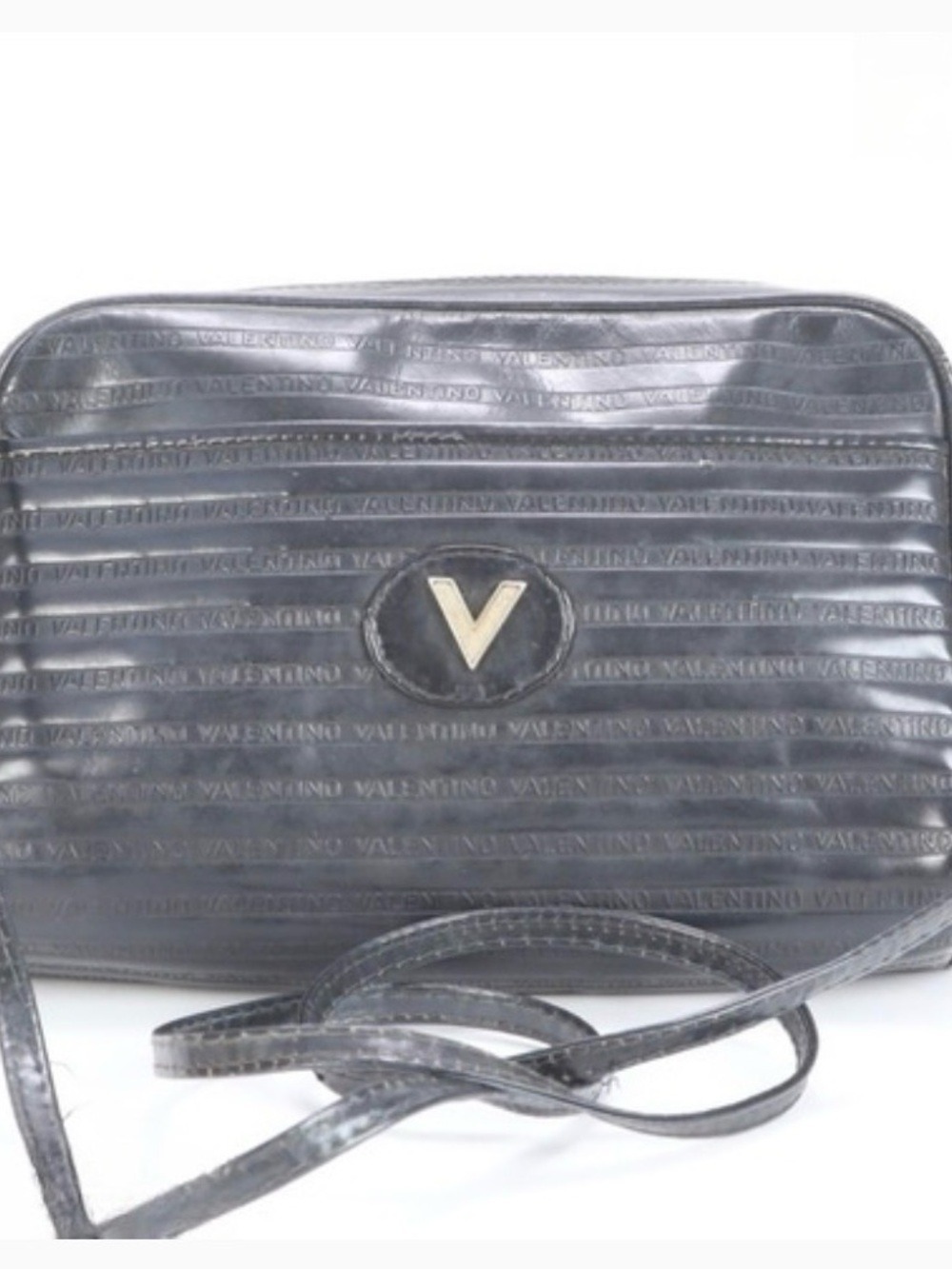 Vintage Mario Valentino Black Quilted Logo Crossbody Bag with Gold V